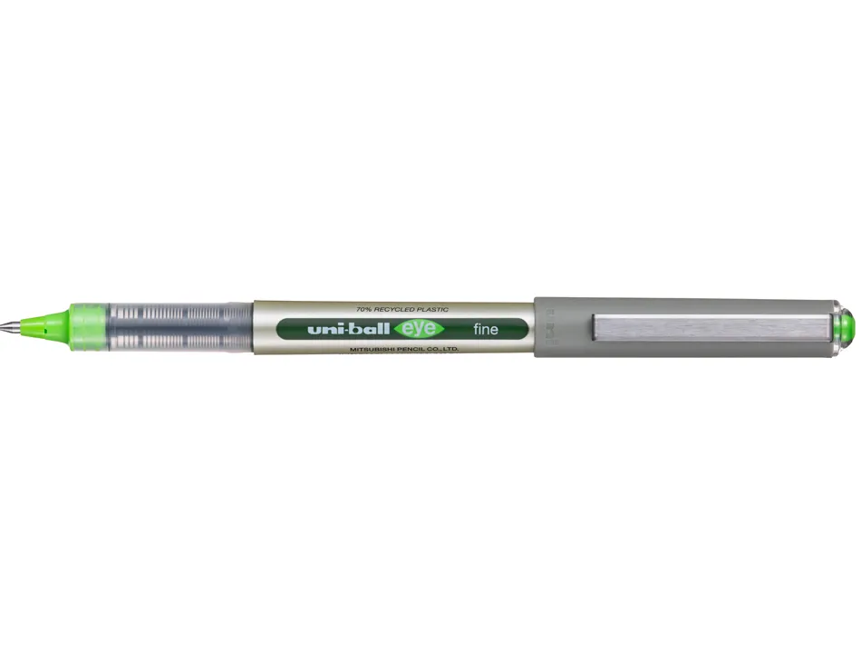 Roller uniball eye plastique recycle encre liquide ecriture moyenne pointe metal coloris vert clair