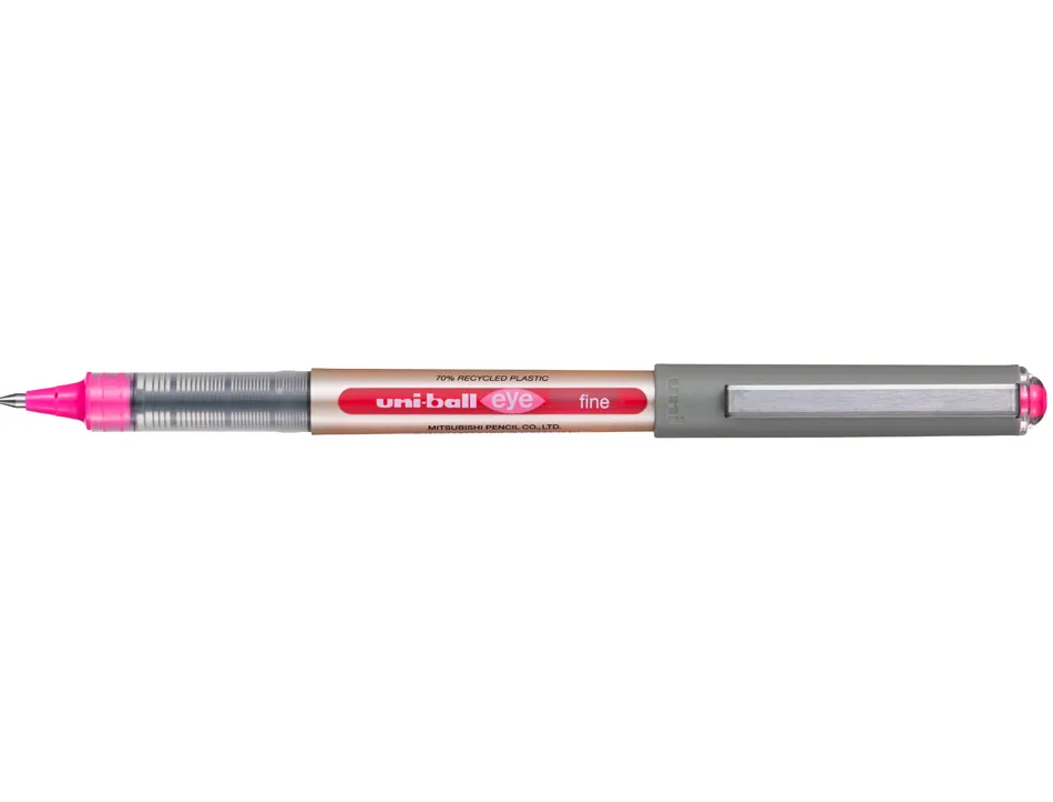 Roller uniball eye plastique recycle encre liquide ecriture moyenne pointe metal coloris rose
