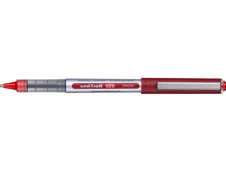 Roller uniball eye plastique recycle encre liquide ecriture fine pointe metal coloris rouge