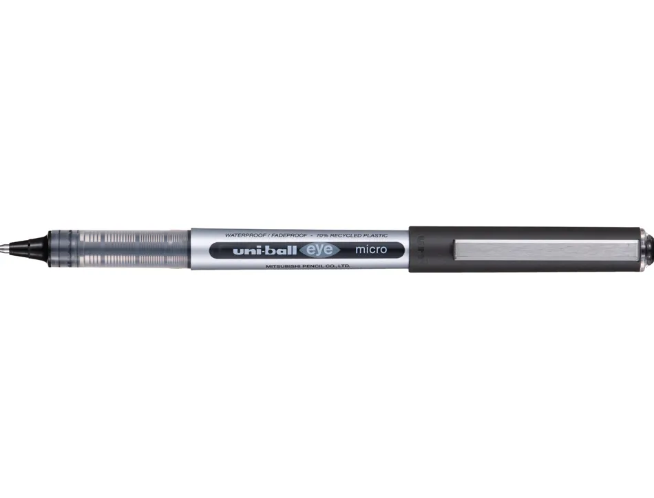 Roller uniball eye plastique recycle encre liquide ecriture fine pointe metal coloris noir
