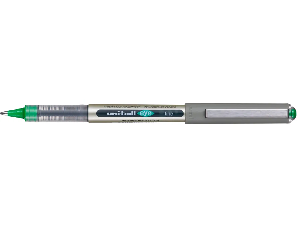 Roller uniball eye plastique recycle encre liquide ecriture moyenne pointe metal coloris vert