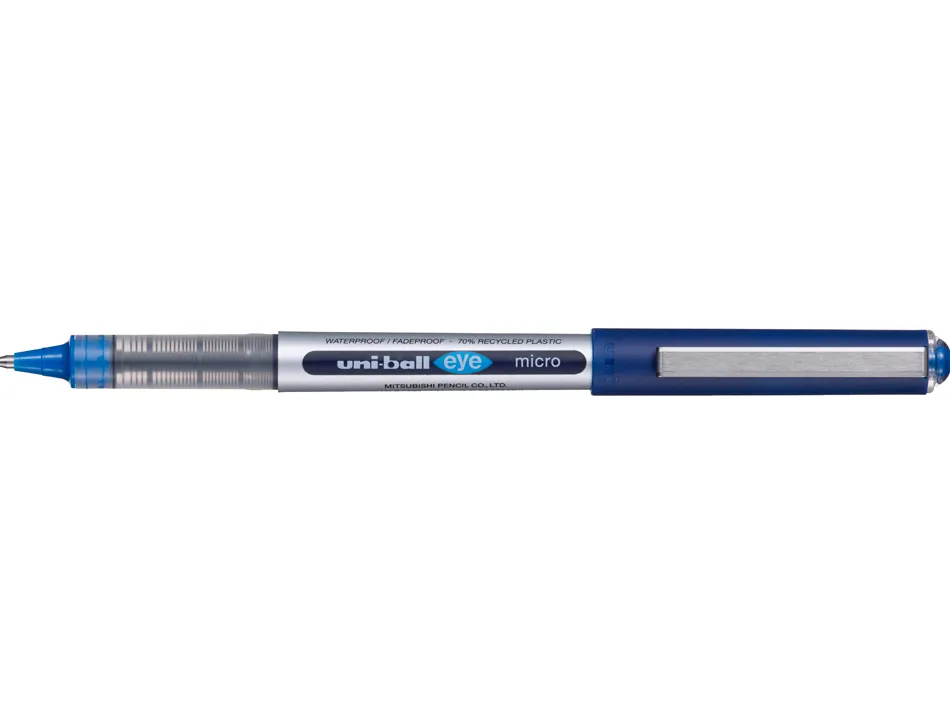 Roller uniball eye plastique recycle encre liquide ecriture fine pointe metal coloris bleu