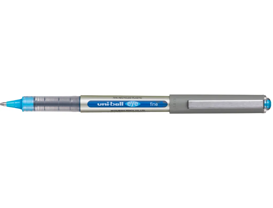 Roller uniball eye plastique recycle encre liquide ecriture moyenne pointe metal coloris turquoise