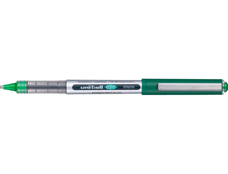 Roller uniball eye plastique recycle encre liquide ecriture fine pointe metal coloris vert