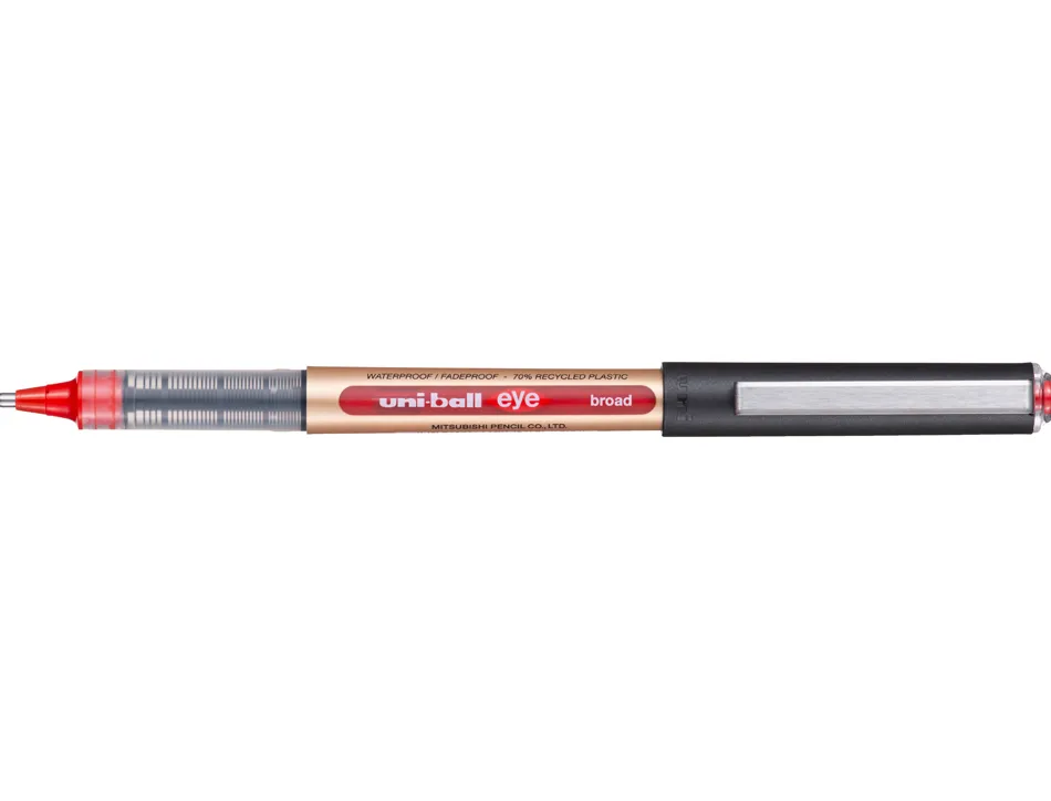 Roller uniball eye plastique recycle encre liquide ecriture large pointe metal coloris rouge