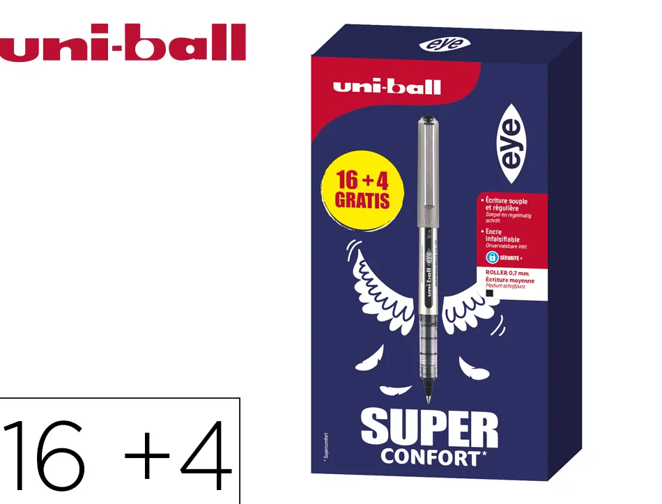 Roller uniball eye pointe metal ecriture fine boite de 16 + 4 rollers gratuits noirs