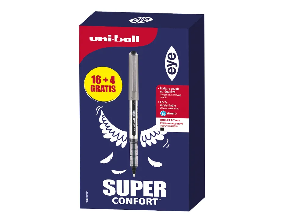 Roller uniball eye pointe metal ecriture fine boite de 16 + 4 rollers gratuits noirs