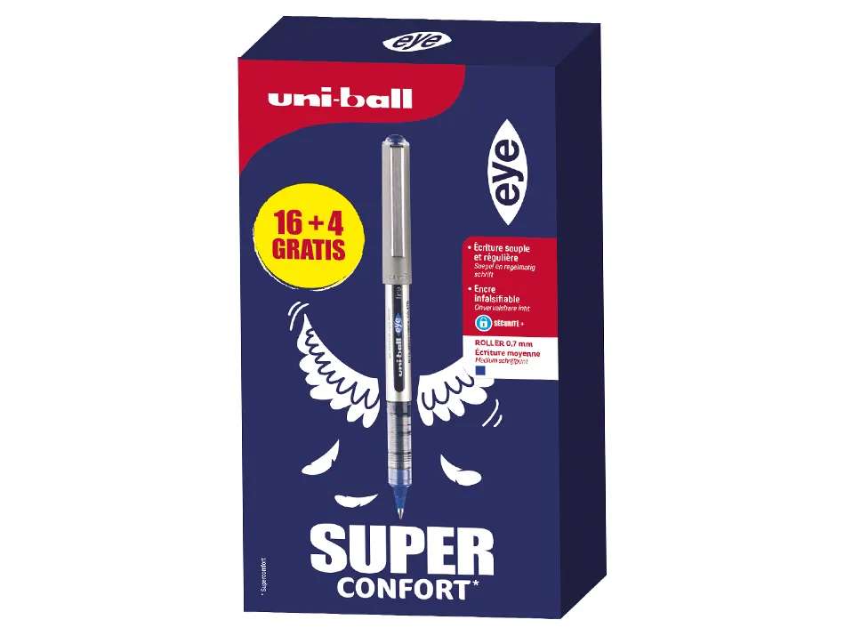 Roller uniball eye pointe metal ecriture fine boite de 16 + 4 rollers gratuits bleu