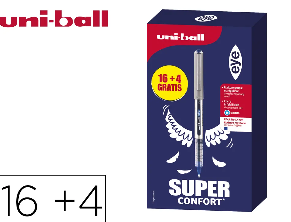 Roller uniball eye pointe metal ecriture fine boite de 16 + 4 rollers gratuits bleu