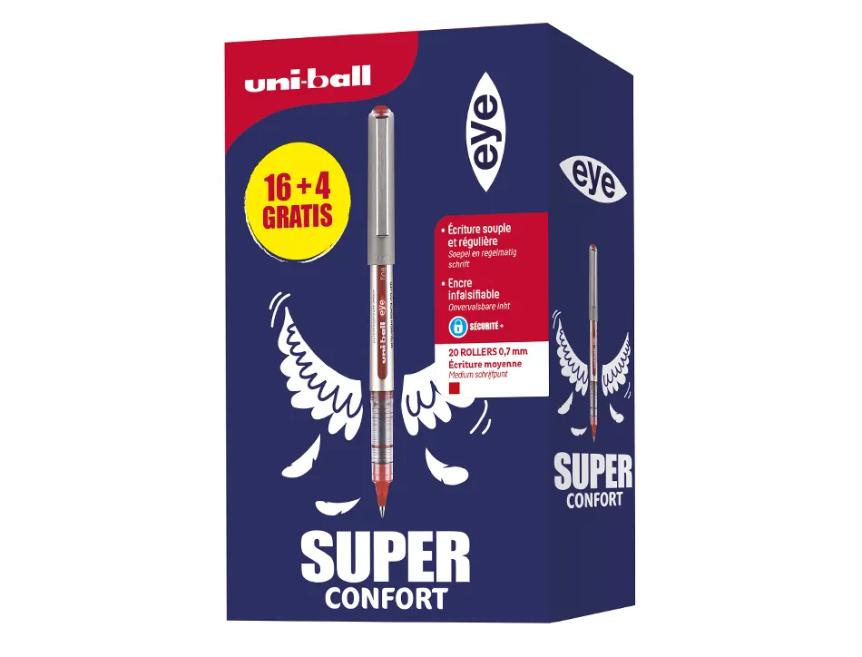 Roller uniball eye pointe metal ecriture fine boite de 16 + 4 rollers gratuits rouge