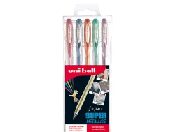 Roller uniball signo broad encre gel ecriture moyenne couleurs assorties metallisee pochette de 5