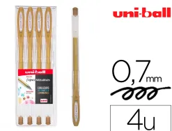 Roller uniball signo encre gel resistant pointe moyenne trace 0,7mm coloris metallise or pochette de 4un