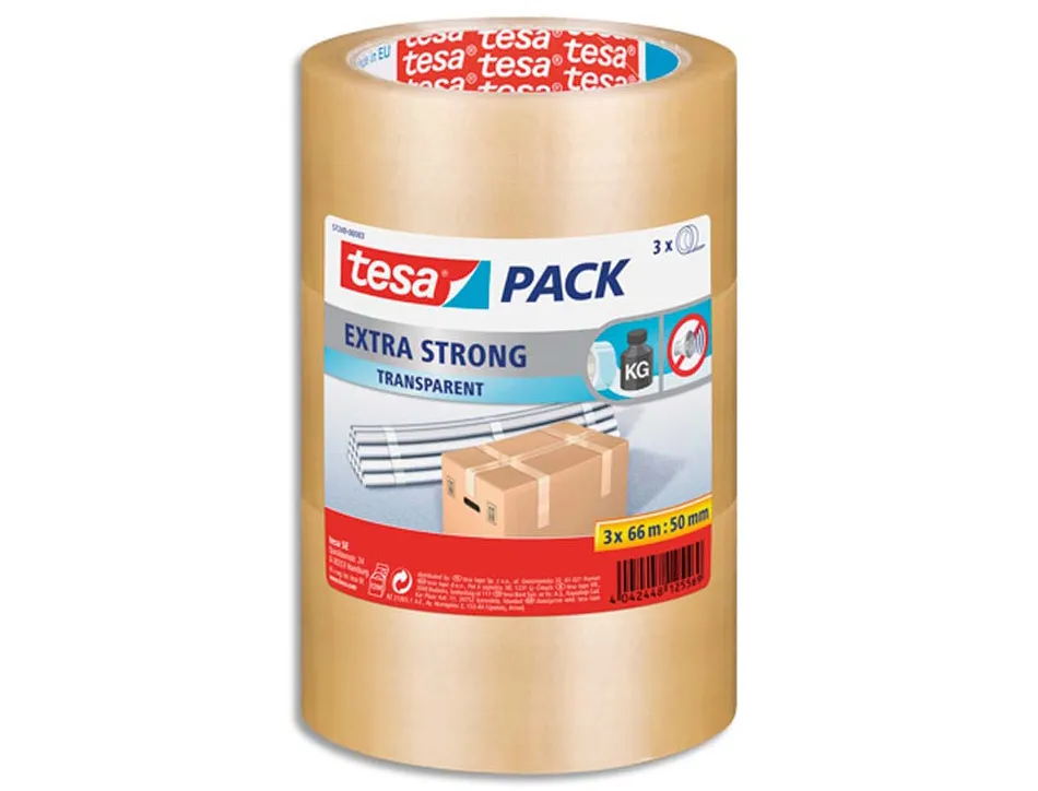 Ruban adhesif tesa pvc silencieux epaisseur 52 microns jusqu'a 25kg 50mmx66m coloris transparent lot 3 rouleaux
