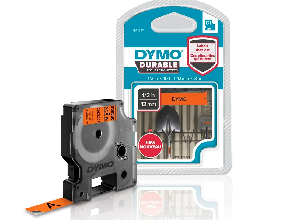 Ruban dymo d1 polyester adhésif permanent 12mmx3m noir/orange