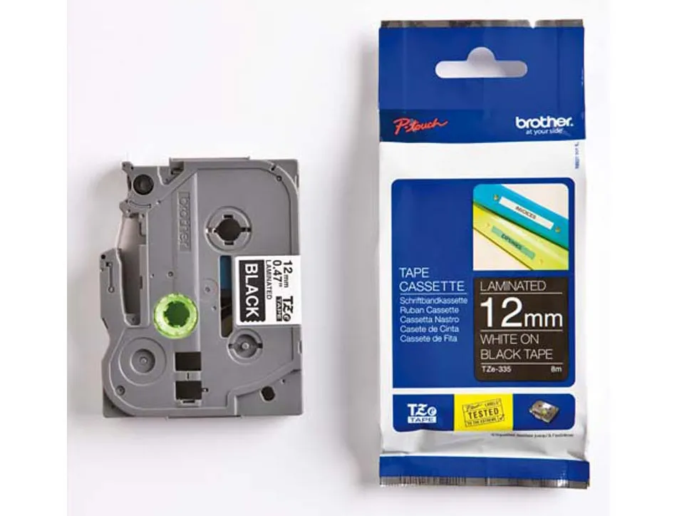 Ruban laminé tze pour titreuse brother p-touch tze335 12mm coloris impression blanc/noir