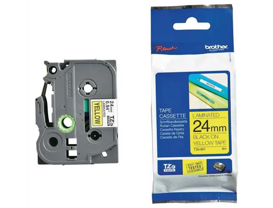 Ruban laminé tze pour titreuse brother p-touch tze651 24mm coloris impression noir/jaune