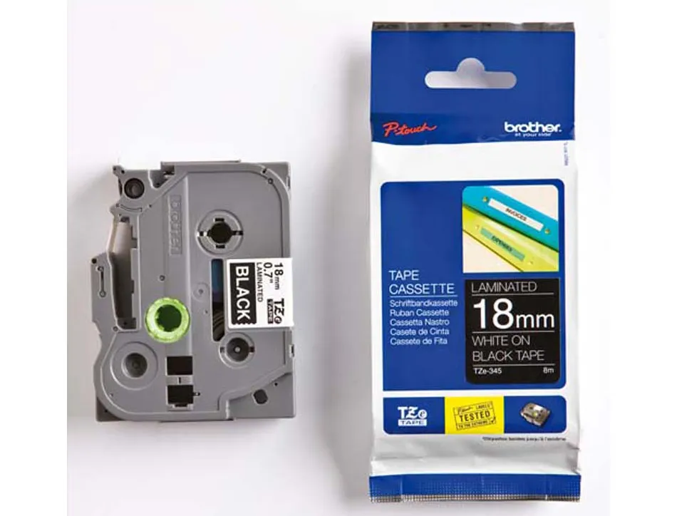 Ruban laminé tze pour titreuse brother p-touch tze345 18mm coloris impression blanc/noir