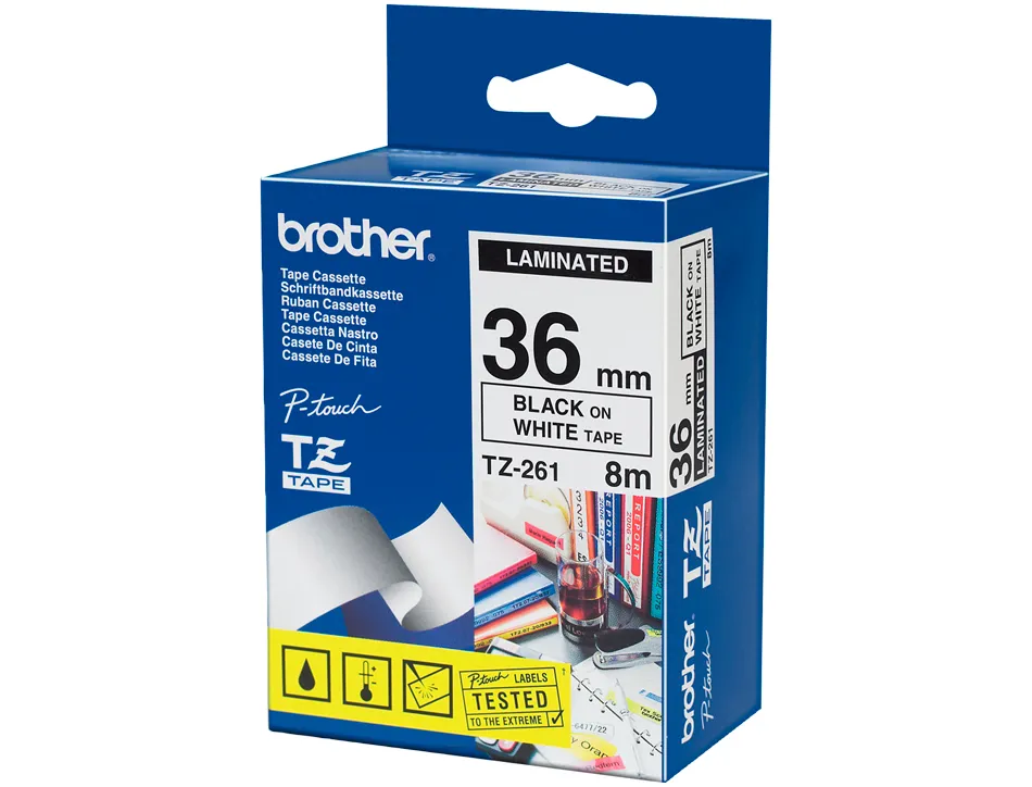 Ruban laminé tze pour titreuse brother p-touch tze261 36mm coloris impression noir/blanc