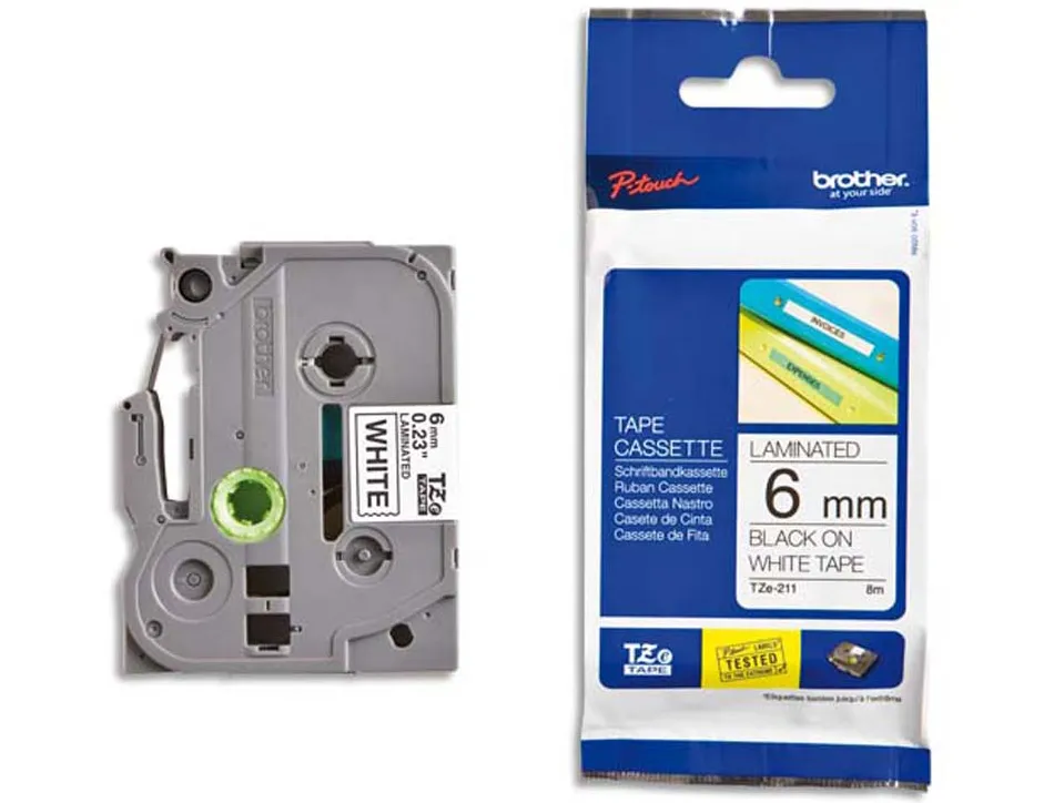 Ruban laminé tze pour titreuse brother p-touch tze211 6mm coloris impression noir/blanc