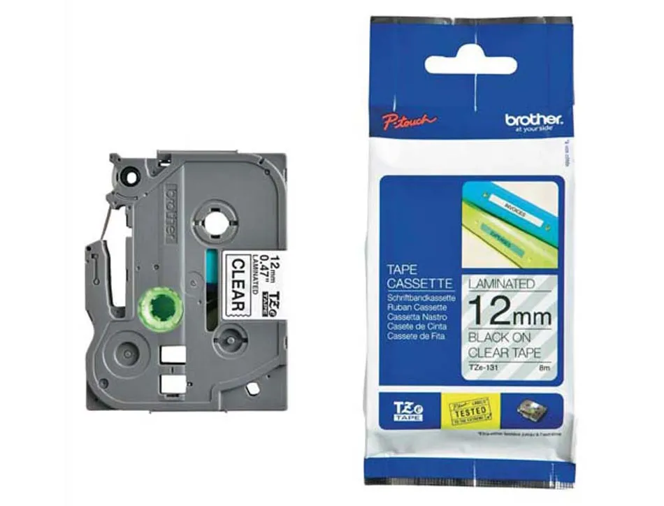 Ruban laminé tze pour titreuse brother p-touch tze131 12mm coloris impression noir/transparent
