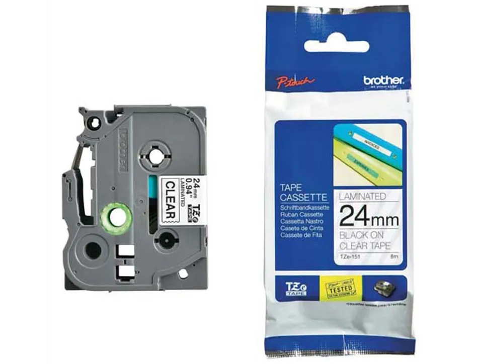 Ruban laminé tze pour titreuse brother p-touch tze151 24mm coloris impression noir/transparent