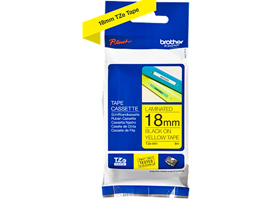 Ruban laminé tze pour titreuse brother p-touch tze641 18mm coloris impression noir/jaune
