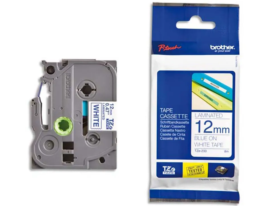 Ruban laminé tze pour titreuse brother p-touch tze233 12mm coloris impression bleu/blanc