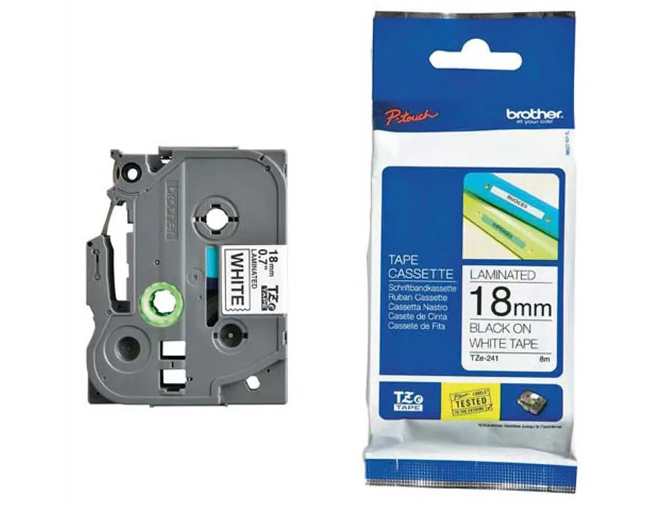 Ruban laminé tze pour titreuse brother p-touch tze241 18mm coloris impression noir/blanc