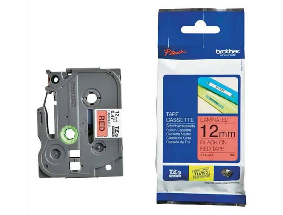 Ruban laminé tze pour titreuse brother p-touch tze431 12mm coloris impression noir/rouge