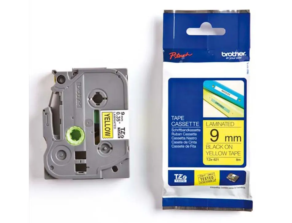Ruban laminé tze pour titreuse brother p-touch tze621 9mm coloris impression noir/jaune