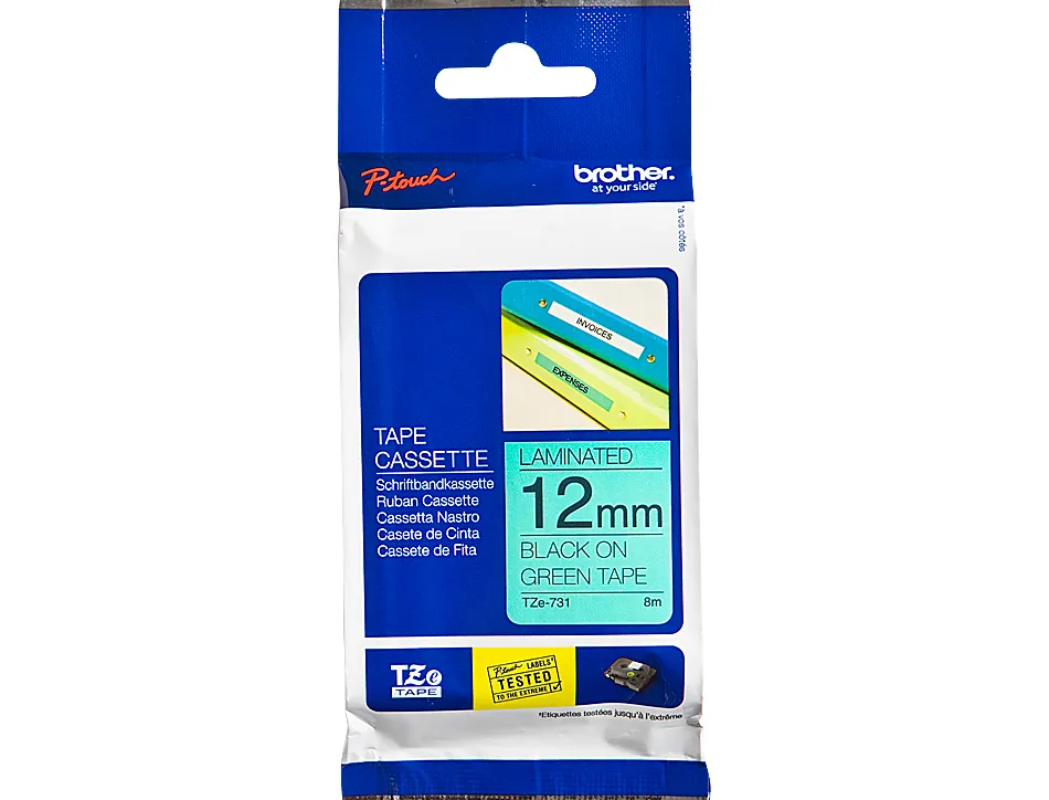 Ruban laminé tze pour titreuse brother p-touch tze731 12mm coloris impression noir/vert