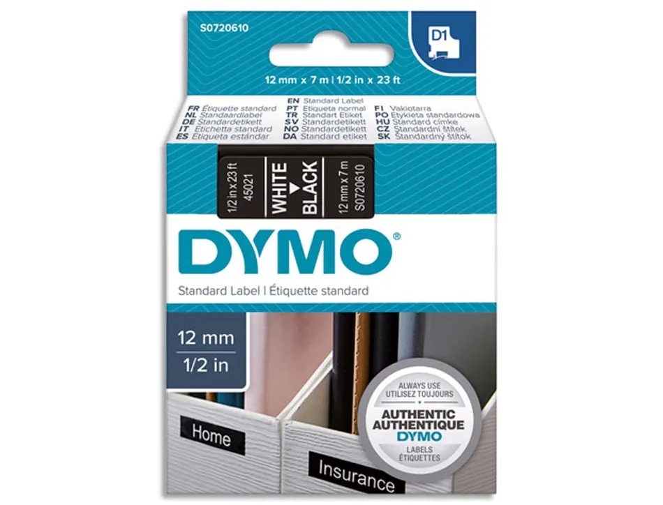 Ruban titreuse dymo d1 12mmx7m coloris impression blanc/noir