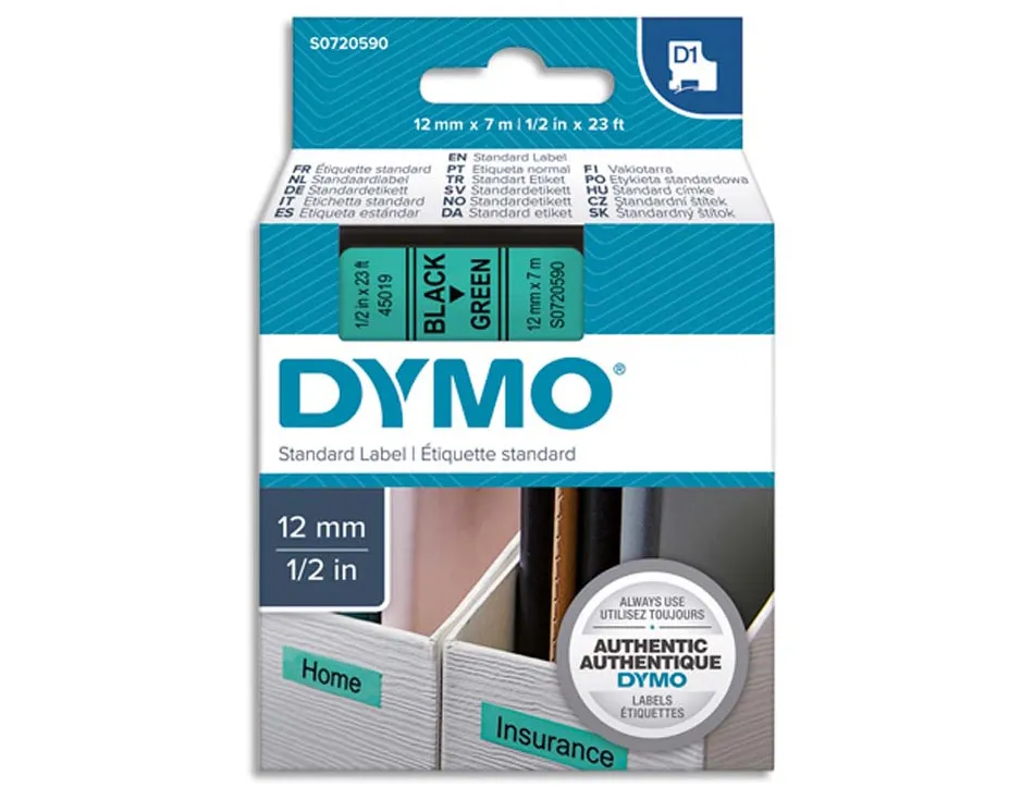 Ruban titreuse dymo d1 12mmx7m coloris impression noir/vert
