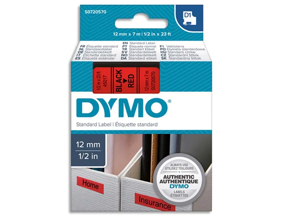 Ruban titreuse dymo d1 12mmx7m coloris impression noir/rouge