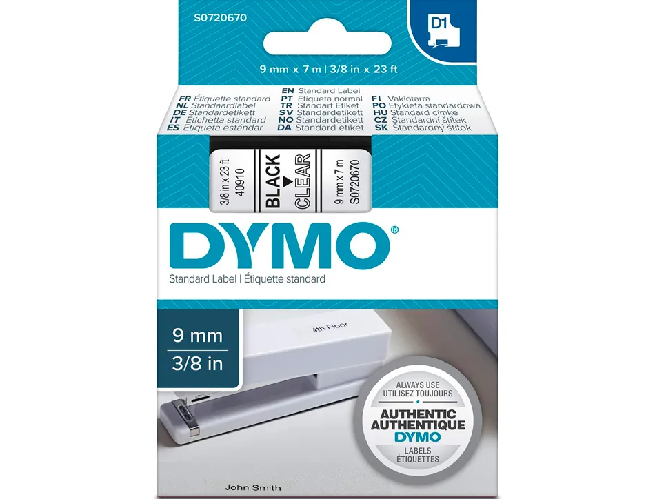 Ruban titreuse dymo d1 9mmx7m coloris impression noir/transparent
