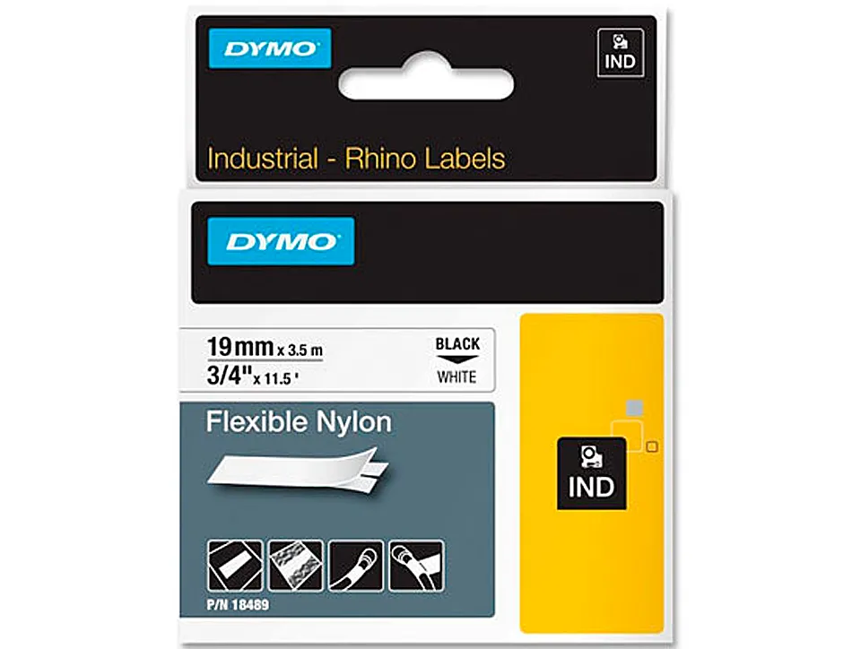 Ruban titreuse dymo industriel rhino support nylon flexible 19mmx3.5m coloris impression noir/blanc