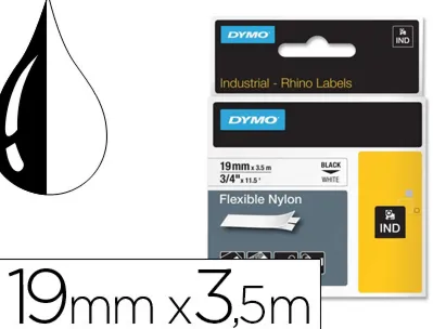 Ruban titreuse dymo industriel rhino support nylon flexible 19mmx3.5m coloris impression noir/blanc
