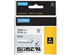 Ruban titreuse dymo industriel rhino support vinyle 12mmx5.5m coloris impression noir/blanc