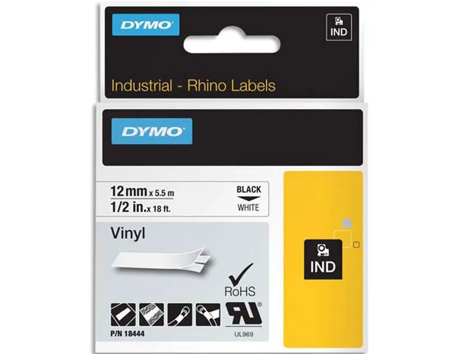 Ruban titreuse dymo industriel rhino support vinyle 12mmx5.5m coloris impression noir/blanc
