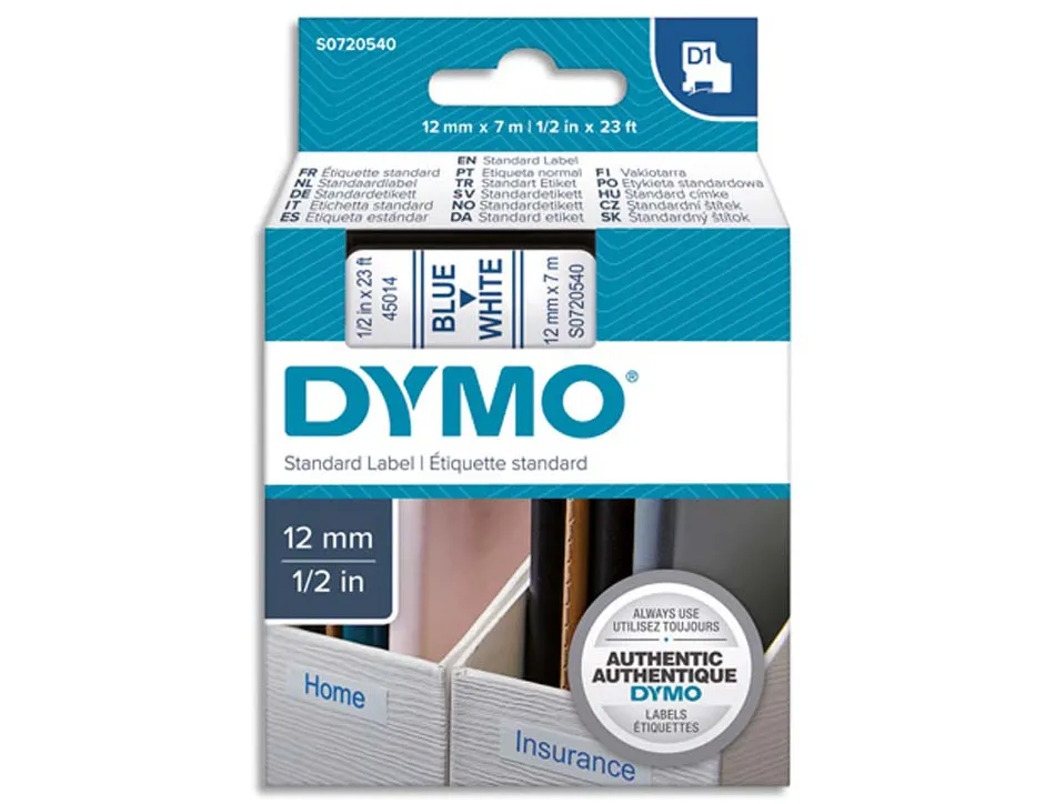 Ruban titreuse dymo électronique standard d1 12mmx7m 31g coloris impression bleu/blanc