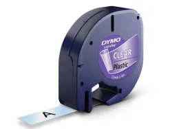 Ruban titreuse dymo letratag support plastique 12mmx4m coloris impression noir/transparent