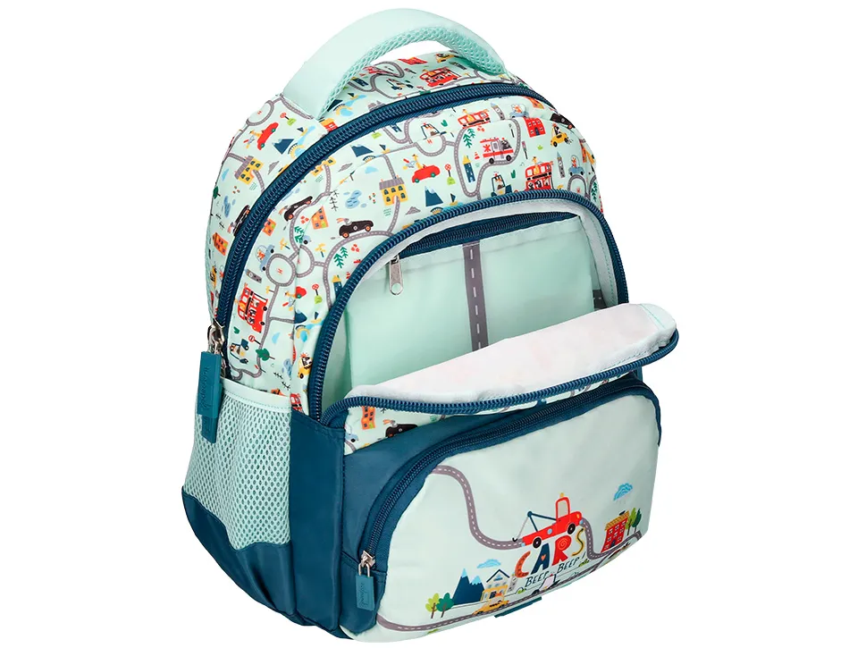 Sac a dos liderpapel scolaire voiture 350x110x270mm coloris vert d'eau