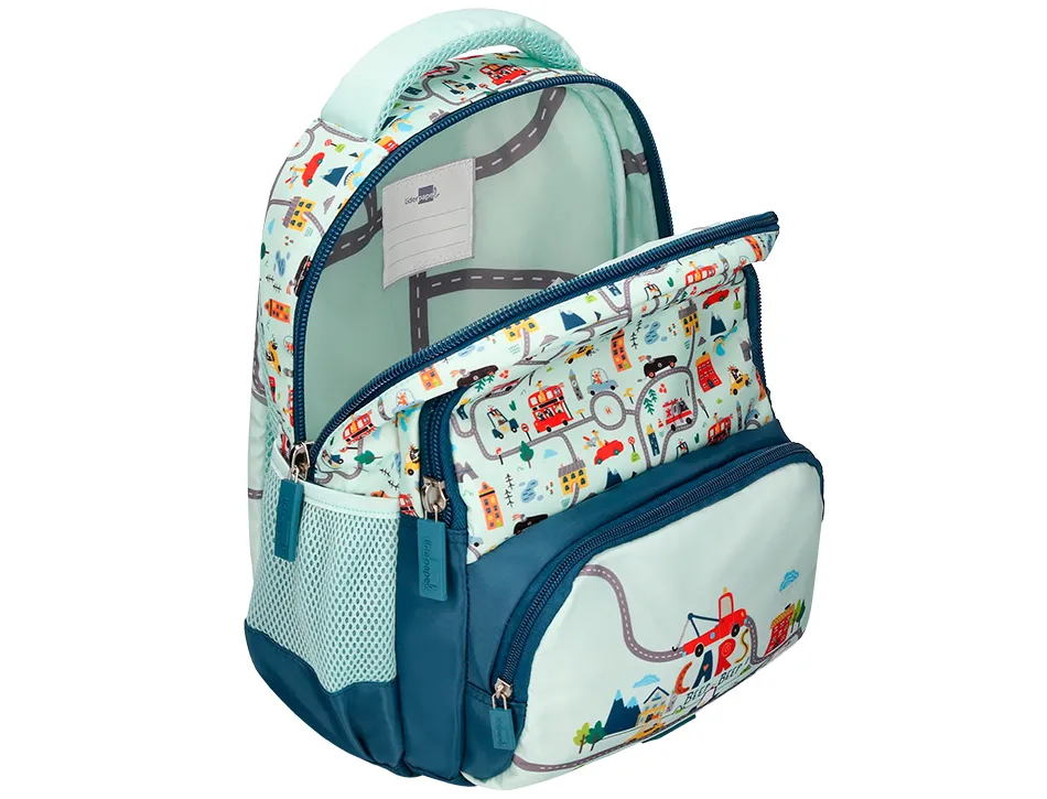 Sac a dos liderpapel scolaire voiture 350x110x270mm coloris vert d'eau