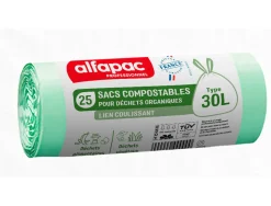 Sac dechets compostable alfapac lien coulissant 18 microns 30l resistance 6,5kg 500x650mm coloris vert 250