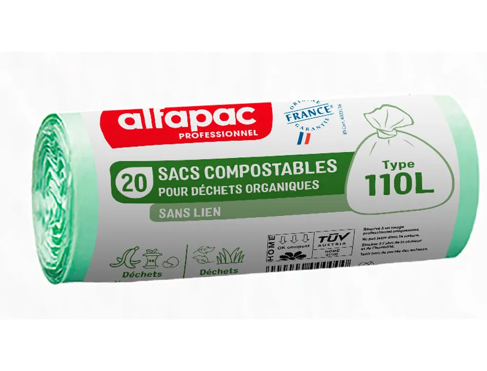 Sac dechets compostable alfapac sans lien 32 microns 110l resistance 18kg 700x1100mm coloris vert 200