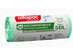 Sac dechets compostable alfapac 2 noeuds 16 microns 50l resistance 8kg 680x750mm coloris transparent 500