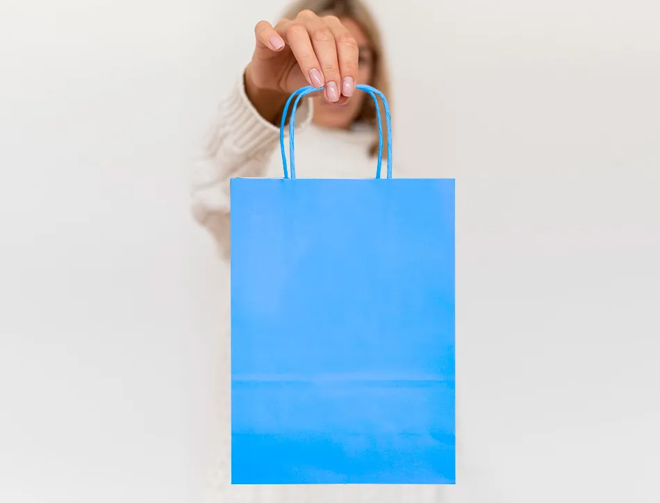 Sac papier q-connect cellulose xs anse torsadee 180x240x80mm coloris bleu ciel