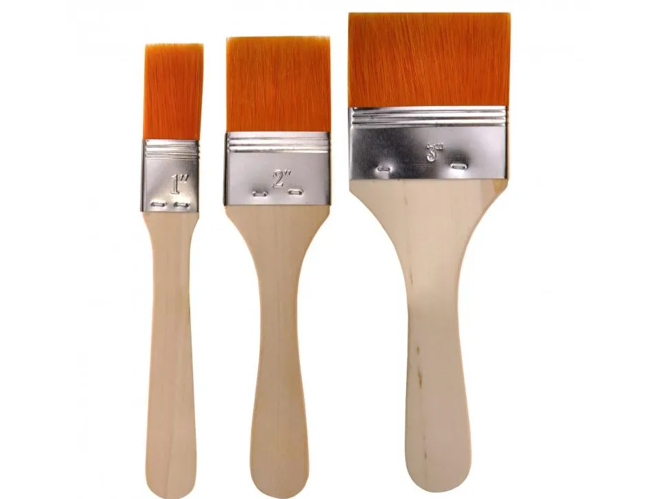 Set 3 brosses synthetiques extra larges manche en bois naturel poils dores largeur 25 50 et 75 mm
