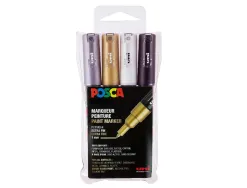 Set de 4 marqueurs posca pointe conique extra fine noir blanc argent or