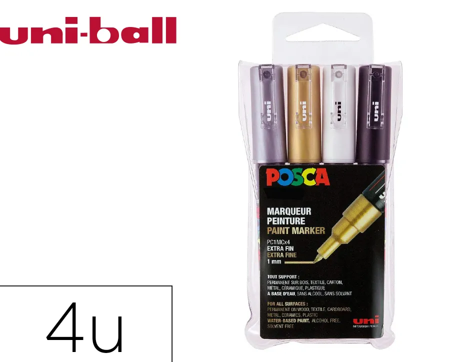 Set de 4 marqueurs posca pointe conique extra fine noir blanc argent or